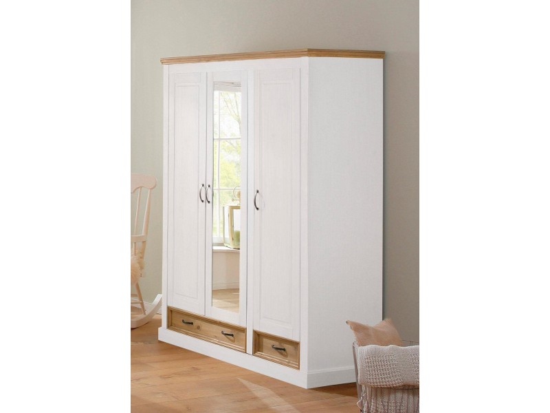Guarda roupas de madeira maciça rústica com 3 portas 2 gavetas e espelho acabamento branco lavado e cera | England